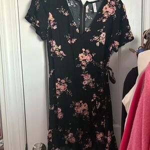 Xhilaration Black Midi Dress with Pink Floral Print